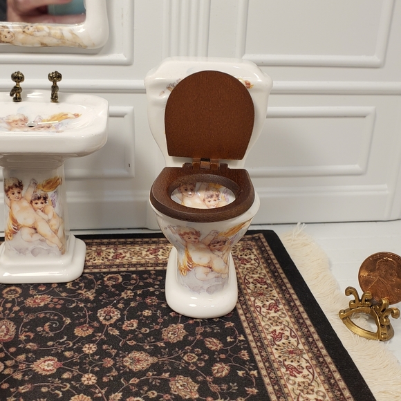 Rachel Munday Hand Decorated English Miniature Cherb Bathroom Set Extremely Rare - Picture 6 of 11